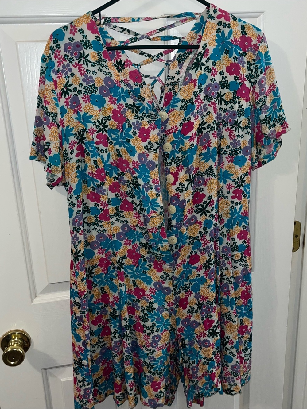 Vintage Floral Short-Sleeve Romper in Teal, Fuchsia & Orange with lace up back